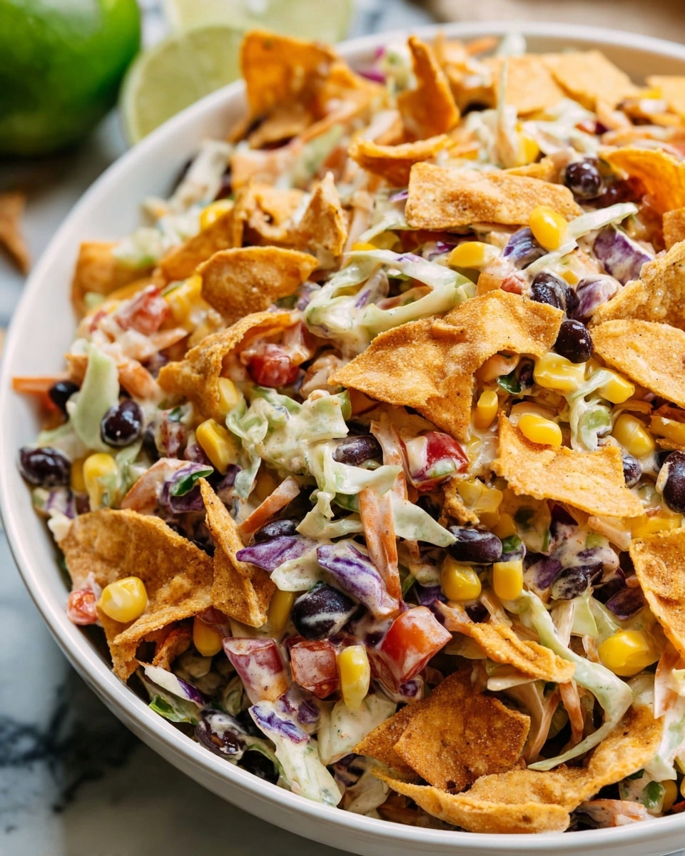 The image shows a close-up of a white bowl filled with a colorful layered salad. The salad includes bright orange chips scattered throughout, mixed with shredded white cabbage, black beans, yellow corn kernels, small diced red tomatoes, and tiny green pepper pieces. The texture is a mix of crunchy chips and soft vegetables, all coated lightly in a creamy dressing with specks of herbs. In the background, part of a cut lime and a small bowl of reddish dip are slightly visible, all set on a white marbled surface. Photo taken with an iphone --ar 4:5 --v 7