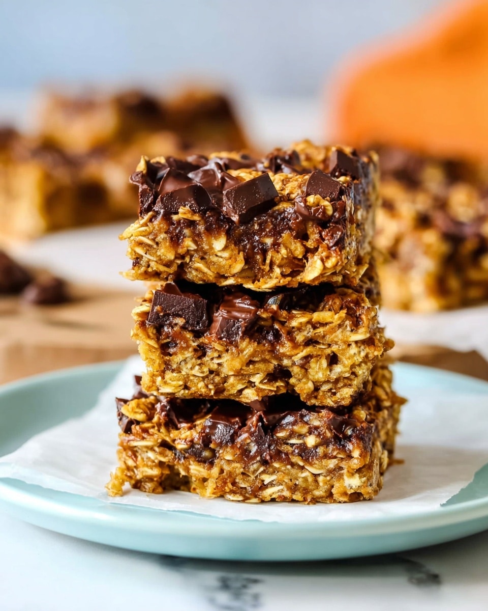 A stack of three oatmeal bars with visible oats and melted dark chocolate pieces on top and inside each bar, showing a moist and chewy texture with a golden brown color; the bars are placed on white parchment paper over a light blue plate set on a white marbled surface, with more bars blurred in the background in warm orange tones. photo taken with an iphone --ar 4:5 --v 7