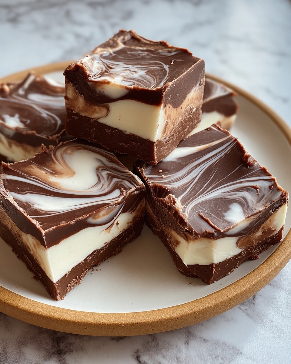 A close-up of five square pieces of layered fudge on a white plate with a gold rim, set on a white marbled texture. Each piece has three visible layers: a dark chocolate base with a rough texture, a thick and smooth white middle layer, and a shiny top layer with swirled dark and white chocolate creating a wave pattern. The edges of the fudge pieces are uneven and slightly cracked, showing the rich chocolate texture. The lighting highlights the glossy chocolate surface and the creamy middle layer. Photo taken with an iphone --ar 4:5 --v 7