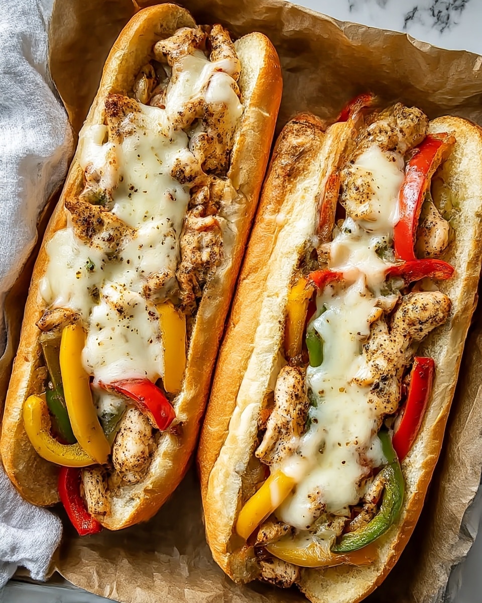 Three stuffed hoagie sandwiches lie side by side on brown parchment paper. Each sandwich has a top layer of melted white cheese covering pieces of cooked chicken, which are golden brown with a peppered texture. Under the chicken are strips of cooked bell peppers in red, yellow, and green colors, giving a mix of bright and soft textures. The sandwiches are held in soft, light golden hoagie rolls that cradle the fillings closely. The background is a white marbled texture with a white cloth partially visible on the left side. photo taken with an iphone --ar 4:5 --v 7