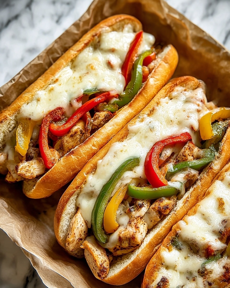 Three hot sandwiches lie side by side on brown parchment paper. Each sandwich starts with a soft white bread roll sliced open, filled with a bottom layer of grilled pieces of chicken that look tender and lightly browned. On top of the chicken are thin strips of cooked red, green, and yellow bell peppers, adding bright color. The top layer of each sandwich is melted white cheese, slightly browned and creamy, covering the chicken and peppers. The edges of the bread roll are slightly crisp and golden. The setup rests on a white marbled surface. Photo taken with an iphone --ar 4:5 --v 7