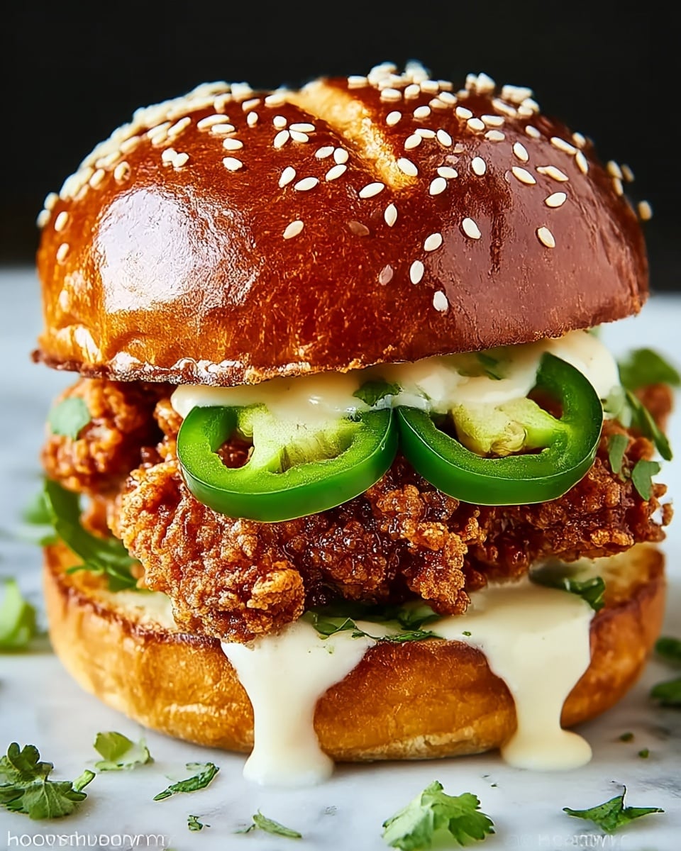 A close-up of a fried chicken sandwich shows a shiny, toasted sesame seed bun top, golden brown and glossy with white sesame seeds scattered over it. Below the bun, there is a creamy white sauce with a smooth texture dripping down, covering bright green slices of jalapeño peppers which sit on two thick pieces of crispy fried chicken with a crunchy, textured golden-brown coating. Underneath the chicken lies more creamy white sauce on the bottom half of the toasted bun, which also has some fresh green herb leaves peeking out. The sandwich is placed on a white marbled surface with small herb leaves scattered around. photo taken with an iphone --ar 4:5 --v 7