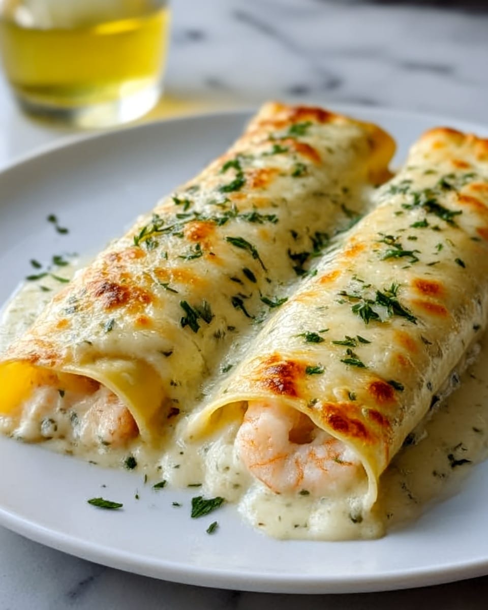 Two creamy cannelloni tubes filled with shrimp and covered in melted cheese sit side by side on a white plate. Each tube is soft and slightly golden, showing hints of herbs mixed into the sauce inside. The top layer is bubbly golden brown cheese sprinkled lightly with fresh green herbs. The dish rests on a white marbled surface, with a blurred glass of yellow drink in the background. Photo taken with an iphone --ar 4:5 --v 7