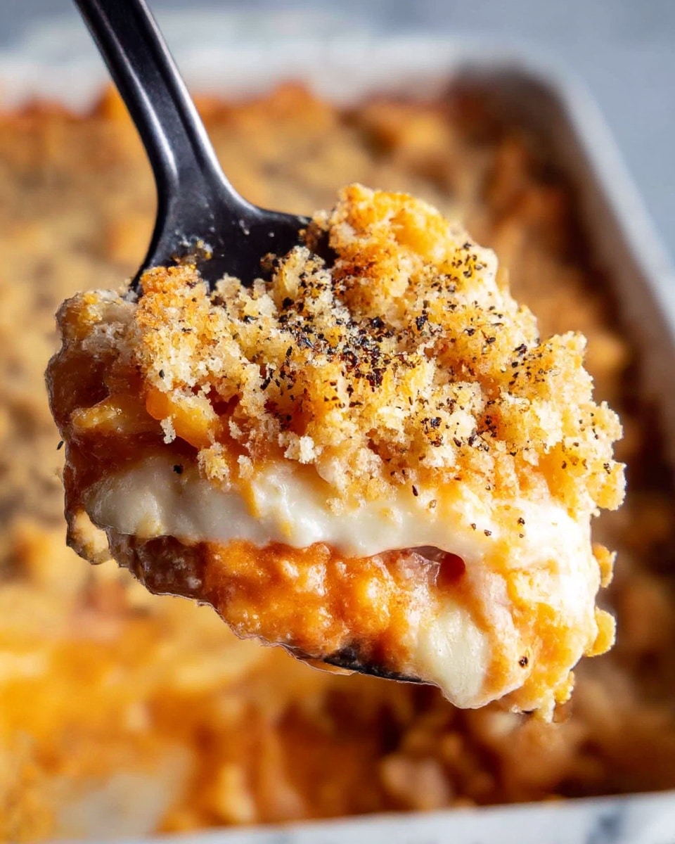A close-up of a black spoon holding a scoop of baked casserole with three visible layers: the top layer is a golden brown, crumbly crust with some crunchy bits, the middle layer is a melted cheese that is white-yellow and stringy, and the bottom layer is a mix of cooked chicken pieces with browned edges and some orange sauce. The background shows a blurred view of the casserole with the same golden crumb topping. The photo is taken over a white marbled texture. Photo taken with an iphone --ar 4:5 --v 7