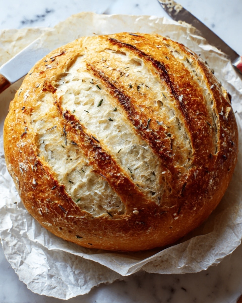 A round loaf of bread with a golden brown crust sits on crumpled white parchment paper, placed on a white marbled surface. The bread has five deep, curved slashes on top, exposing a soft, white interior with a light crumb texture dotted with green herbs. The crust appears crisp and slightly shiny, with small seeds sprinkled on parts of it. Nearby, a woman's hand holds a knife poised to cut the bread. photo taken with an iphone --ar 4:5 --v 7
