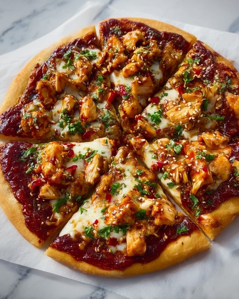 The image shows a thick-crust pizza cut into eight slices with a golden brown outer edge. The bottom layer is a rich, dark red tomato sauce spread evenly across the dough. On top of this sauce is a layer of melted white cheese, partially covered by chunky pieces of grilled chicken that are golden brown with a slightly crispy texture. Scattered on the pizza are small bits of red chili, green herbs like parsley, and some sesame seeds, adding pops of red and green color. The pizza sits on white parchment paper placed on a white marbled surface. photo taken with an iphone --ar 4:5 --v 7