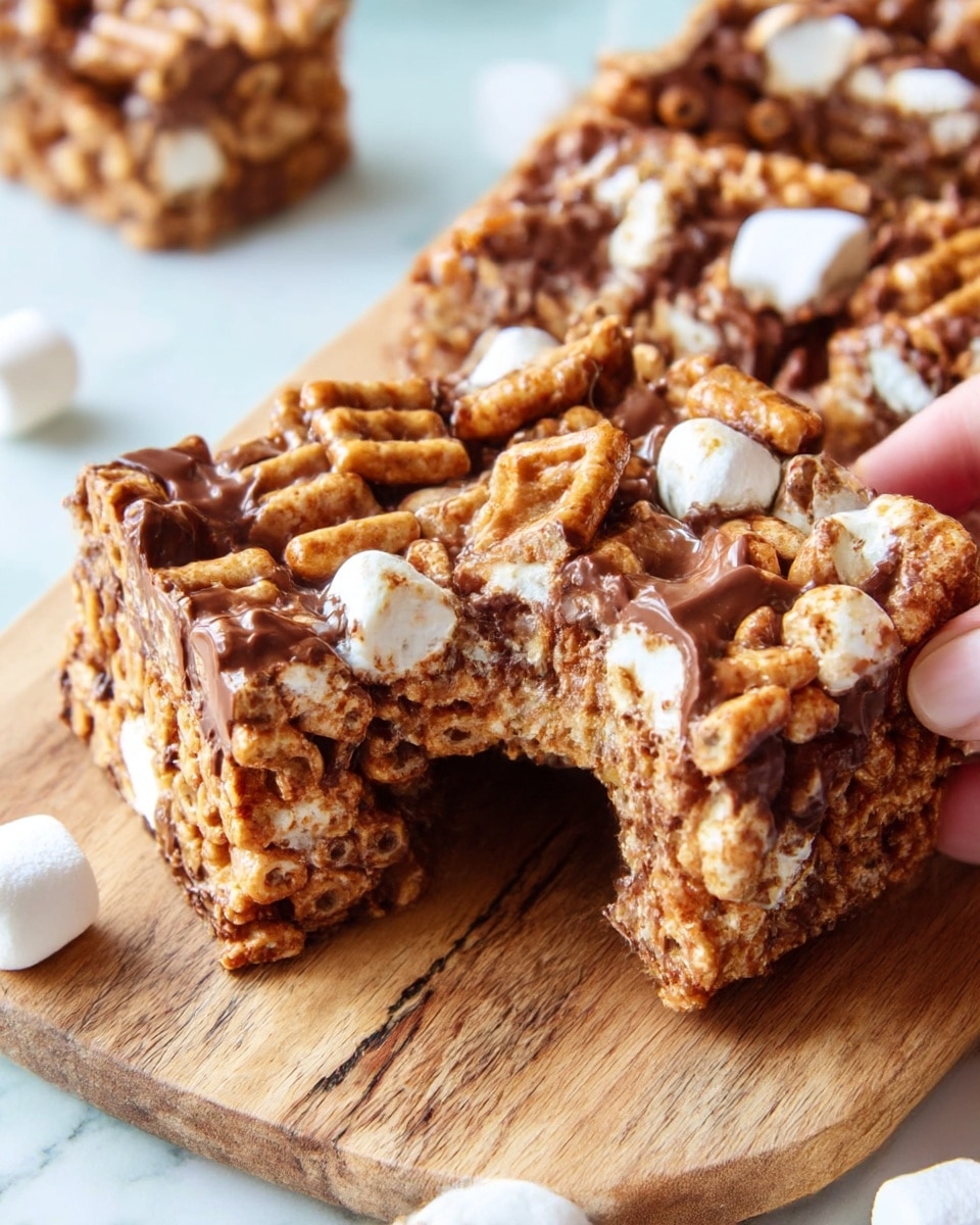 A close-up view of a thick square dessert bar that has multiple layers of small, rectangular golden-brown cereal pieces mixed with melted chocolate and white marshmallows, all stuck together in an uneven, chunky texture. The dessert appears soft and gooey, with shiny melted chocolate covering much of the cereal, and bits of white marshmallow peeking through in different spots. The bar is placed on a wooden board with faint cracks and there is a woman's hand holding the bar, showing a bite taken out from one corner, revealing the layered inside. The whole scene is set on a white marbled surface with a few scattered white marshmallows nearby. photo taken with an iphone --ar 4:5 --v 7