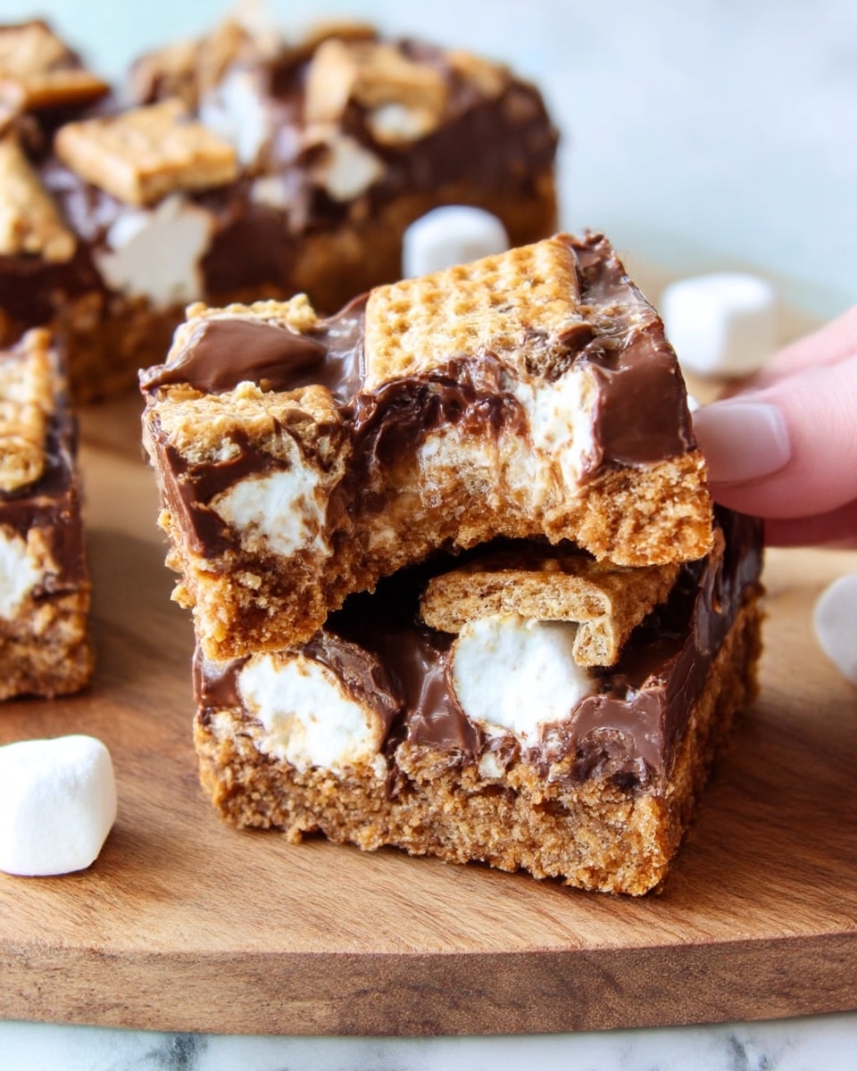 The image shows a close-up of a square chocolate dessert bar with three visible layers. The bottom layer is a light brown, crumbly crust. The middle layer consists of soft, white marshmallows peeking through the layers. The top layer is a thick, shiny, melted milk chocolate coating that covers broken pieces of light brown graham crackers and marshmallows, giving a gooey and sticky texture. The dessert is placed on a wooden board with a few small white marshmallows scattered nearby. A woman's hand is holding one piece of the dessert with a visible bite taken out of it. The background features a white marbled texture. photo taken with an iphone --ar 4:5 --v 7