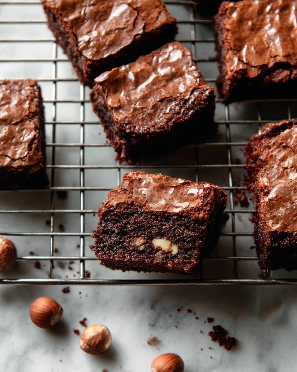 The image shows several rich chocolate brownies cut into square pieces arranged on a metal cooling rack. Each brownie has a shiny, cracked top layer with a rough texture, revealing a dense, moist dark brown interior. One brownie piece is placed on its side, showing bits of nuts visible inside the thick middle layer. Some crumbs are scattered around on the rack and the white marbled surface below it. There are also whole and split hazelnuts lying on the white marbled surface near the rack. The scene is lit softly, highlighting the moist texture and crackled top of the brownies. photo taken with an iphone --ar 4:5 --v 7