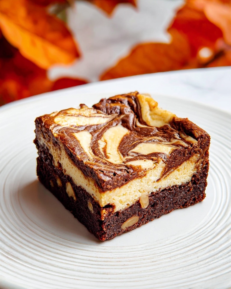 A single square piece of dessert with two distinct layers sits on a white plate with subtle ring patterns. The bottom layer is dark brown, dense and fudgy, resembling a brownie base, while the top layer is a lighter cream color with swirls of dark brown mixed in, creating a marbled pattern on its smooth surface. The top edges are slightly rounded and glossy, highlighting the swirl design. In the background, there are out-of-focus red-orange berries and leaves, all set on a white marbled texture. photo taken with an iphone --ar 4:5 --v 7