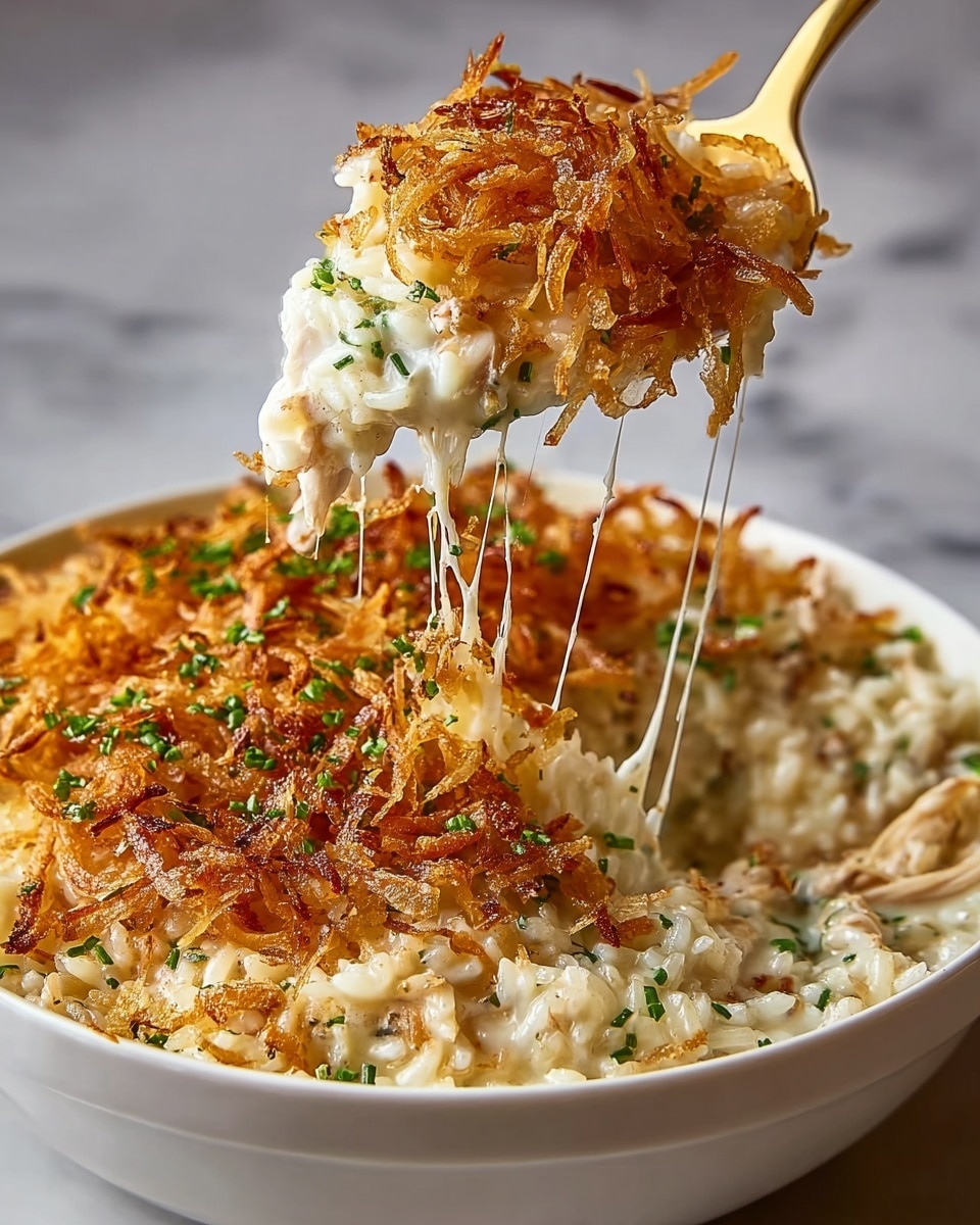 A close-up of a creamy rice dish in a white bowl with three visible layers: the bottom and middle layers are soft, creamy white rice mixed with shredded chicken and bits of green herbs, while the top layer is made of golden brown, crispy fried onions sprinkled with finely chopped green herbs. A gold spoon lifts a portion, showing melted cheese strings stretching from the dish, with the crispy onion layer on top and creamy rice below. The background is a white marbled texture. Photo taken with an iphone --ar 4:5 --v 7