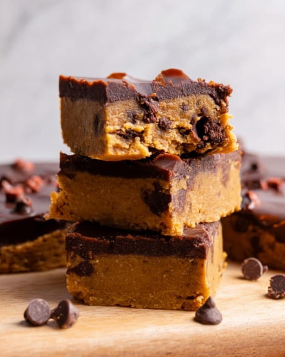 The image shows a stack of three thick, square chocolate chip cookie bars with a smooth, shiny dark chocolate layer on top. The cookie layer underneath is golden brown with visible chocolate chips embedded inside, giving a soft, chewy look. One bar is placed on top of another, slightly off-center, showing its cross-section clearly, with the chocolate chip cookie layer moist and dense. The bars sit on a light wooden board against a soft, white marbled background. Photo taken with an iphone --ar 4:5 --v 7