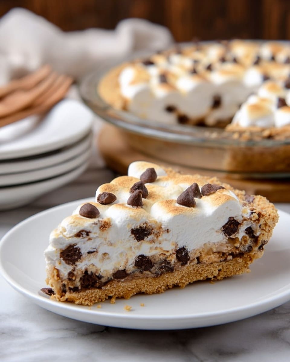 The image shows a slice of pie with three visible layers on a white plate. The bottom layer is a thick, golden-brown crust, crumbly in texture. The middle layer is creamy and white with dark chocolate chips scattered throughout. The top layer is golden with small toasted marshmallows and dark chocolate chips scattered on it. In the background, the rest of the pie with similar layering is visible inside a clear glass pie dish, set on a white marbled surface with wooden utensils and stacked white plates behind it. photo taken with an iphone --ar 4:5 --v 7