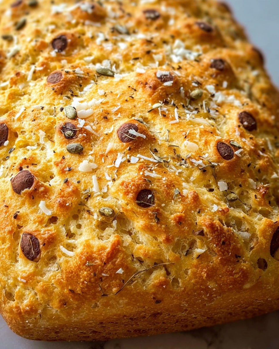 The image shows a close-up of a golden-brown baked bread with a textured top layer that looks soft and slightly crispy. The bread has small round pieces of browned nuts or seeds scattered evenly across the surface. There are sprinkled white flakes resembling grated cheese or coconut on top, adding a bit of roughness and contrast. The overall texture of the bread looks fluffy with small pockets of air visible beneath the crust, and the color varies from light beige in the softer parts to deep golden in the crusty areas. The bread rests on a white marbled surface. photo taken with an iphone --ar 4:5 --v 7
