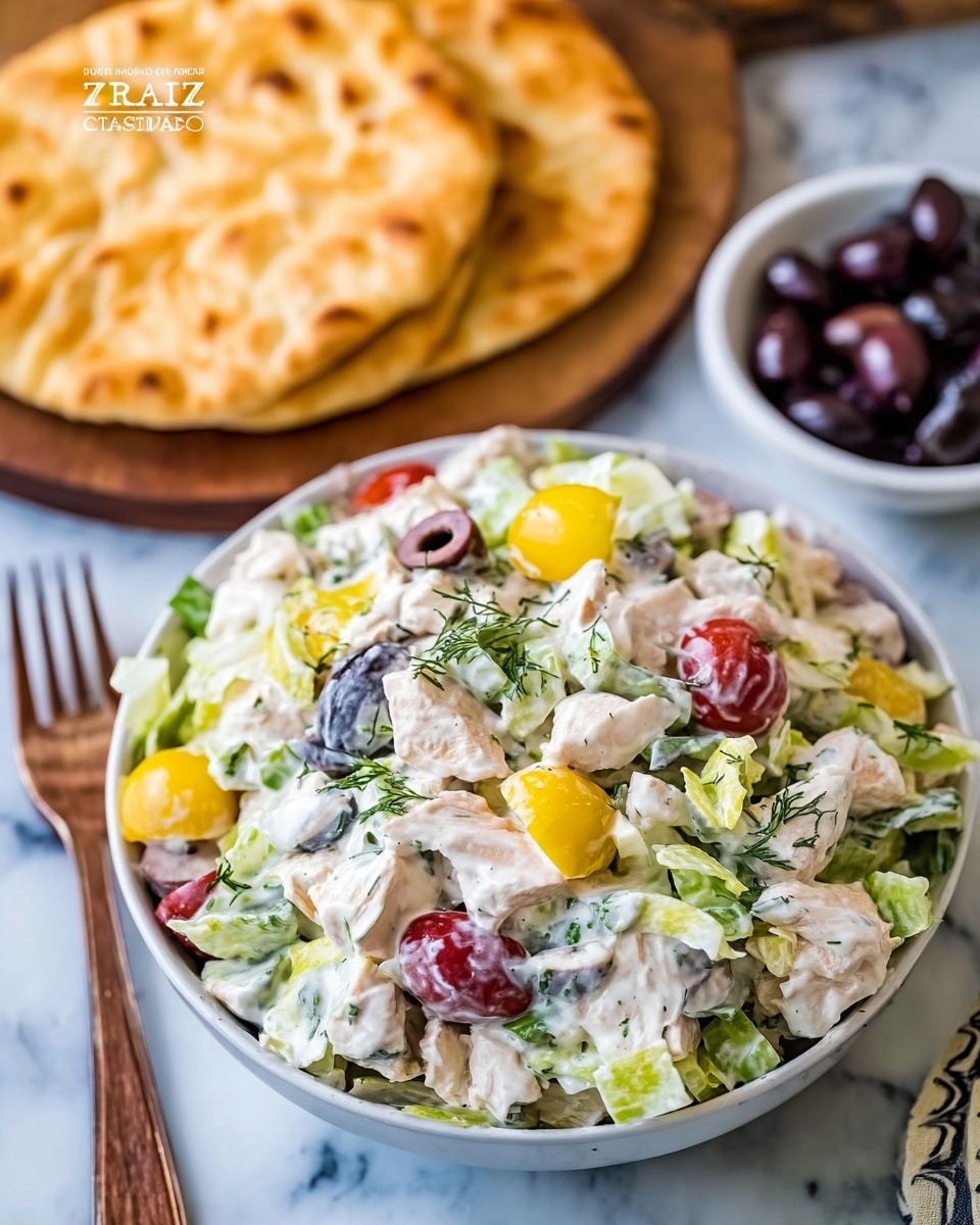 The image shows a bowl of tzatziki chicken salad with three main visible layers: a creamy mixture with white yogurt or sauce spread evenly over diced chicken pieces, chopped green lettuce, and sliced yellow peppers; scattered throughout are halved cherry tomatoes in red and whole small black olives, adding pops of color; the bowl is white and sits on a white marbled surface, with a fork on the side and a small white bowl filled with more black olives nearby; behind the bowl is a wooden board holding two round, golden-brown flatbreads, slightly blurred, creating a warm and inviting background. Photo taken with an iphone --ar 4:5 --v 7
