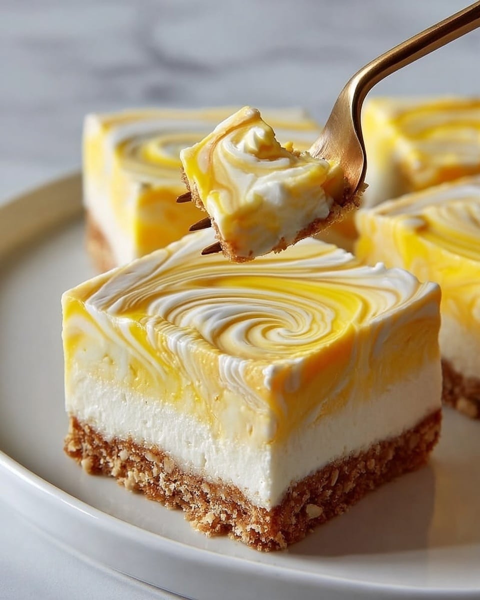 The image shows a white plate with a square piece of dessert being lifted by a fork. The dessert has three layers: a bottom crumbly brown layer, a thin white creamy middle layer, and a thick top layer with smooth, swirled patterns in yellow and white, creating a marbled look with different shades and soft textures. The top surface forms elegant spiral and wave designs that look soft and creamy. The background is a white marbled texture. photo taken with an iphone --ar 4:5 --v 7