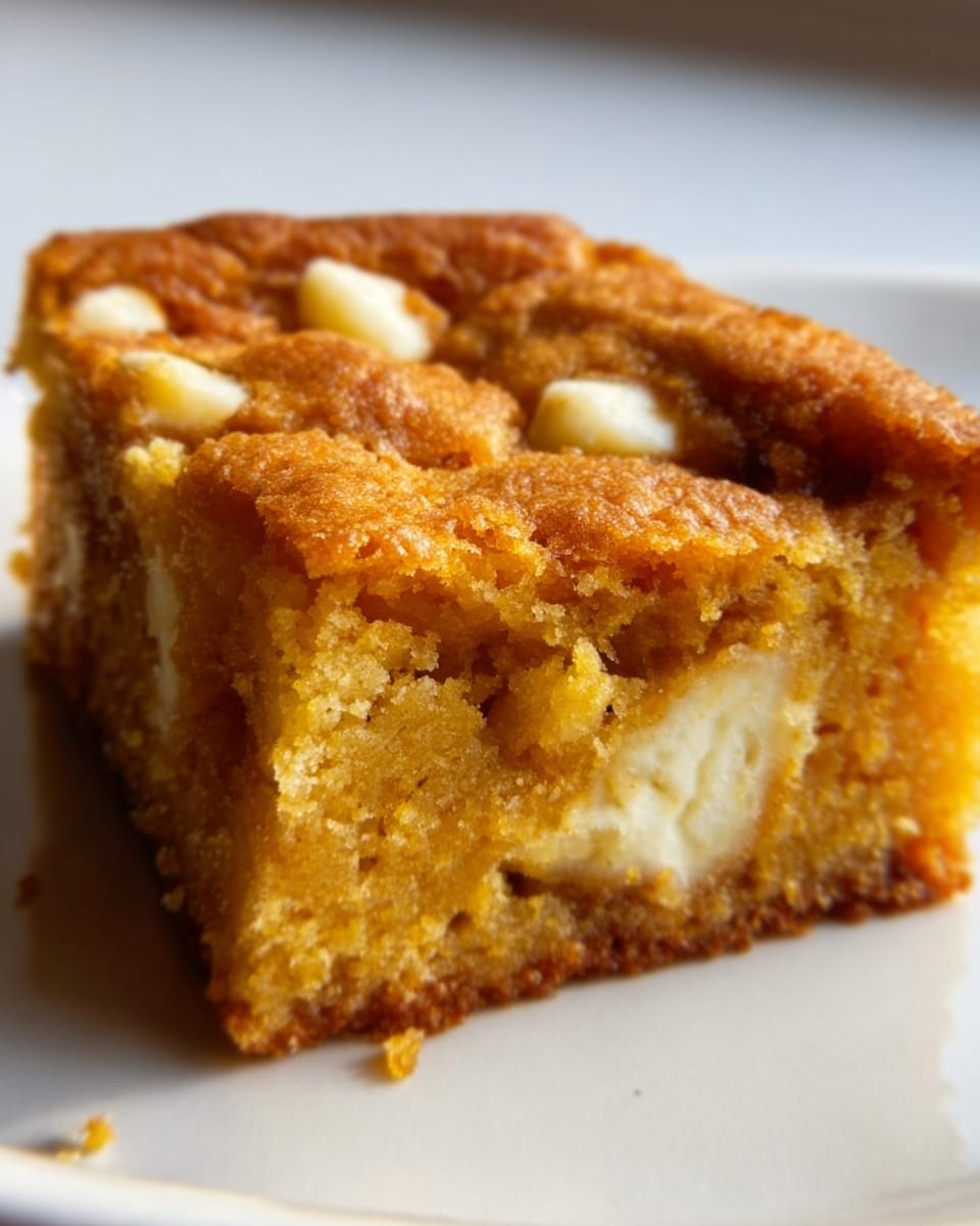 A close-up view of one thick square piece of golden brown cake with a soft, moist texture. The cake has visible white chunks embedded in the top layer and inside, showing a contrast of smooth white and crumbly golden brown. The edges appear slightly crisp and darker. The cake is resting on a white plate placed on a white marbled surface. Light coming from the side highlights the texture and colors. Photo taken with an iphone --ar 4:5 --v 7