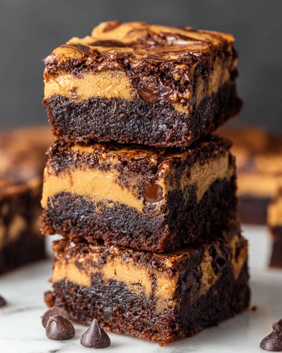 The image shows a stack of three thick brownies on a white marbled surface, each brownie having three visible layers. The bottom and top layers are rich, dark brown, fudgy brownies with a slightly crumbly texture. The middle layer is a creamy, smooth peanut butter layer with a light brown color, well spread between the brownie layers. Small chunks of melted chocolate are swirled in the top brownie layer, creating a shiny, textured surface with a marbled effect. A few scattered dark brown chocolate chips are placed around the stack, adding to the overall rich and decadent look. photo taken with an iphone --ar 4:5 --v 7