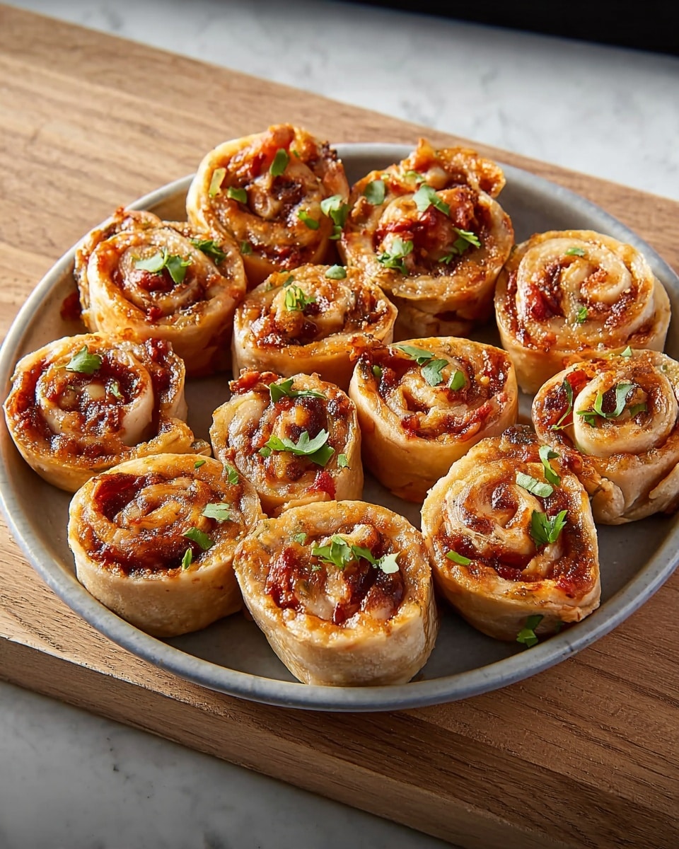 A round white plate holds eleven small roll-up pieces arranged close together in a circular shape. Each roll has a light golden-brown outer layer with a soft, slightly toasted texture. Inside the rolls, there are visible layers of reddish sauce and melted cheese, creating swirls with a shiny, smooth finish. Small green herb leaves are sprinkled on top of each roll, adding a fresh bright contrast. The plate is placed on a light wooden board, with a white marbled surface underneath. photo taken with an iphone --ar 4:5 --v 7