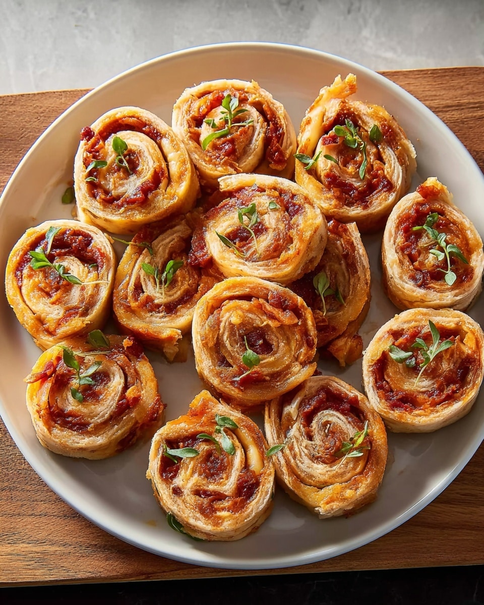 The image shows a round white plate filled with ten rolled pinwheel snacks arranged closely together. Each pinwheel has multiple visible layers consisting of a light golden-brown outer wrap, a reddish layer of sauce, and a slightly textured filling. Small green herb leaves are scattered on top of each roll, adding a fresh contrast to the warm colors. The plate sits on a wooden board placed on a white marbled surface. The photo taken with an iphone --ar 4:5 --v 7