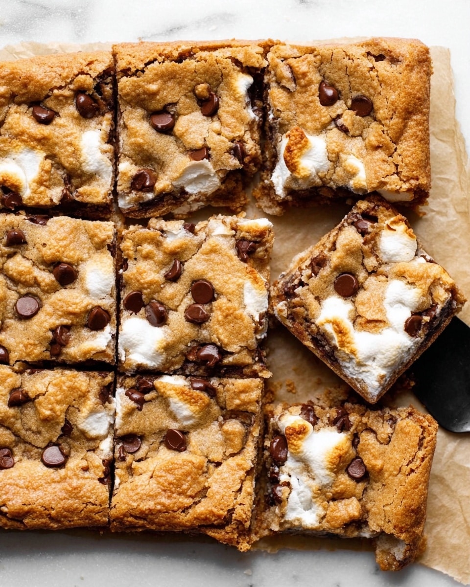 The image shows a batch of square-cut cookie bars arranged closely together on a sheet of parchment paper. The top layer is golden-brown, crispy, and crackly with chunks of melted chocolate chips peeking through. Underneath, a gooey white layer of toasted marshmallows is visible, soft and slightly melted, creating a contrast with the crisp cookie layer. The texture looks chewy and rich, with some pieces slightly lifted to show the layers inside. On the right side, a black spatula rests on the parchment. The background is a white marbled texture, making the colors of the bars stand out vividly. photo taken with an iphone --ar 4:5 --v 7
