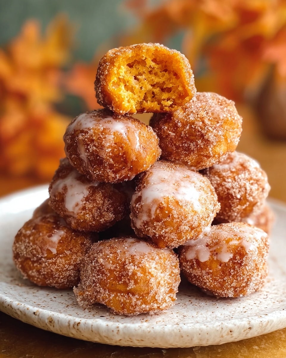 A small stack of eight golden brown fritters sits on a white textured plate, each fritter coated in granulated sugar and cinnamon for a sparkling effect. The fritters are round and rough-textured, with some white glaze lightly drizzled unevenly on the surface. The top fritter is broken in half, revealing a soft, airy, and moist orange-yellow inside with a spongy crumb texture. The background is softly blurred with warm autumn tones, all set on a white marbled surface. photo taken with an iphone --ar 4:5 --v 7