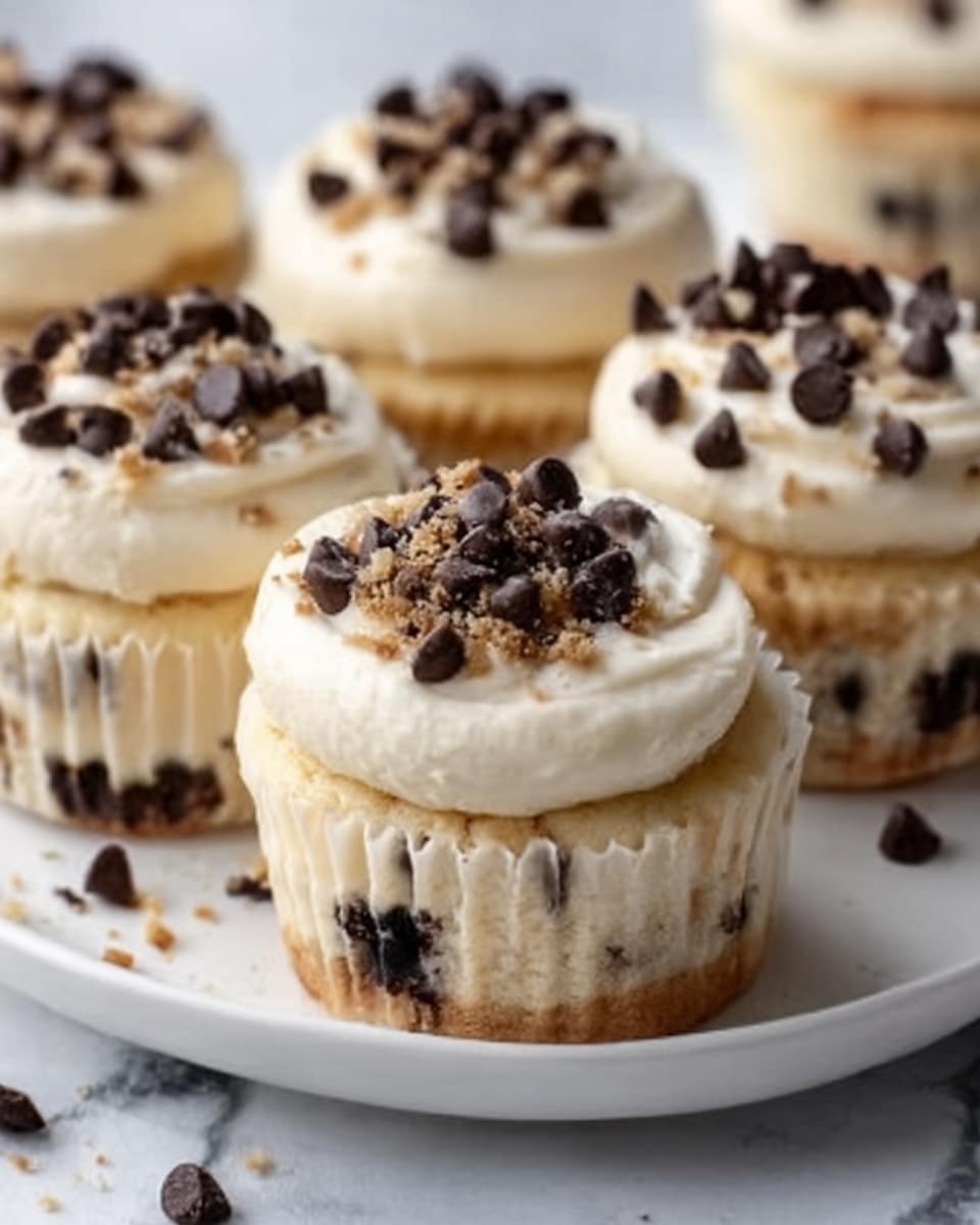 The image shows five mini cheesecakes with three distinct layers: a light brown crust at the bottom, a creamy pale beige middle layer dotted with small dark chocolate chips, and a thick white creamy layer on top. Each cheesecake is decorated with several large dark chocolate chips and white chocolate curls on top, giving a textured and rich look. They are placed on a white round plate with small chocolate chips scattered around. A woman's hand is about to pick up one cheesecake. The background is a white marbled surface. Photo taken with an iphone --ar 4:5 --v 7