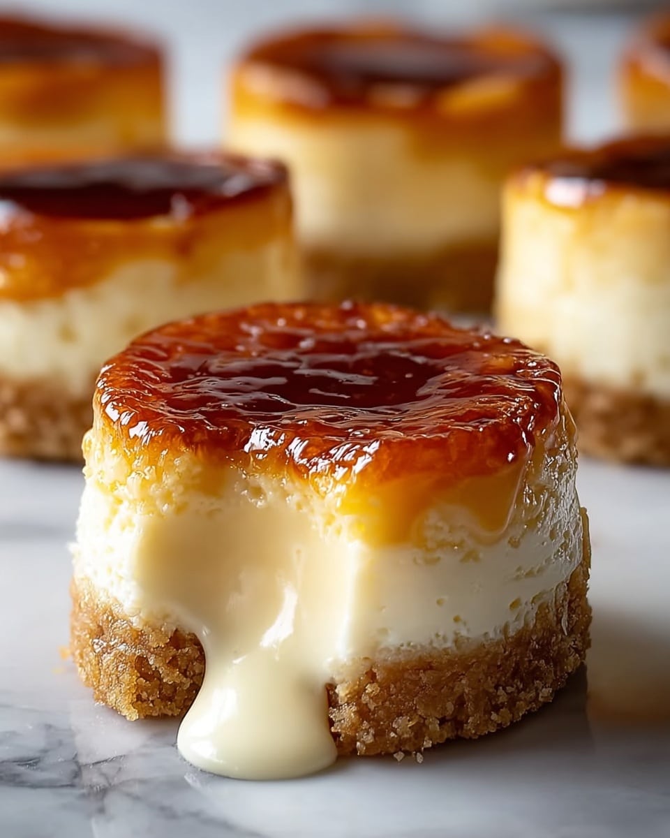 The image shows a close-up of a small dessert with three visible layers. The bottom layer is a crumbly, light brown crust. The middle layer is thick and creamy, white in color, with a smooth texture that looks soft and slightly melted in the front. The top layer is shiny and caramelized, with a rich brown color and a glossy surface that reflects light. The dessert is round and has a bite taken out of the front, causing some creamy filling to drip out onto a white marbled surface. In the background, four more similar desserts are visible but out of focus. Photo taken with an iphone --ar 4:5 --v 7