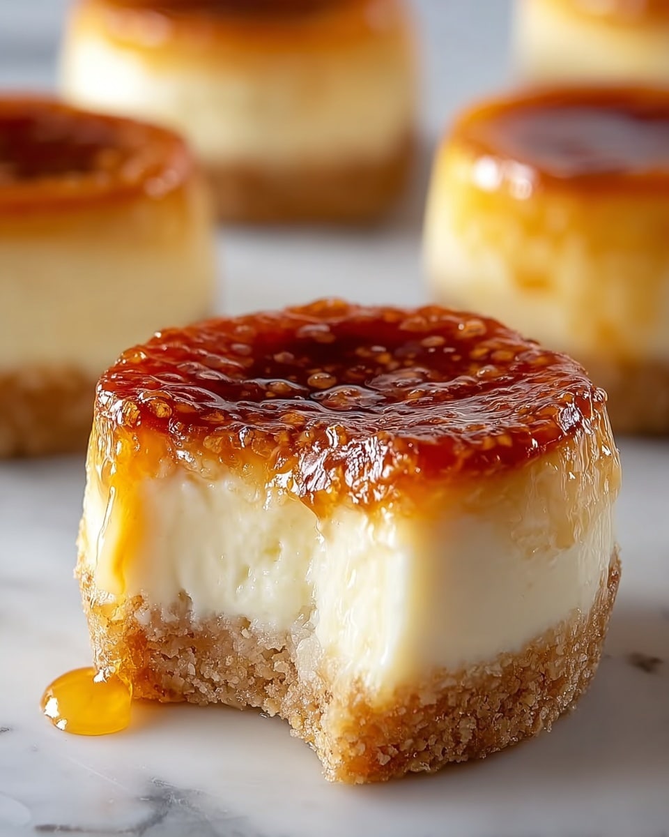 A small round dessert with three visible layers sits on a white marbled surface. The bottom layer is a crumbly light brown crust. Above that is a thick, creamy white middle layer, soft and smooth, slightly melting and oozing out. The top layer is a glossy, deep amber caramelized topping with a shiny texture that catches the light. The dessert has a perfect round shape with a bit missing from the front side, showing the layers and creamy inside. There are three more similar desserts blurred in the background. photo taken with an iphone --ar 4:5 --v 7