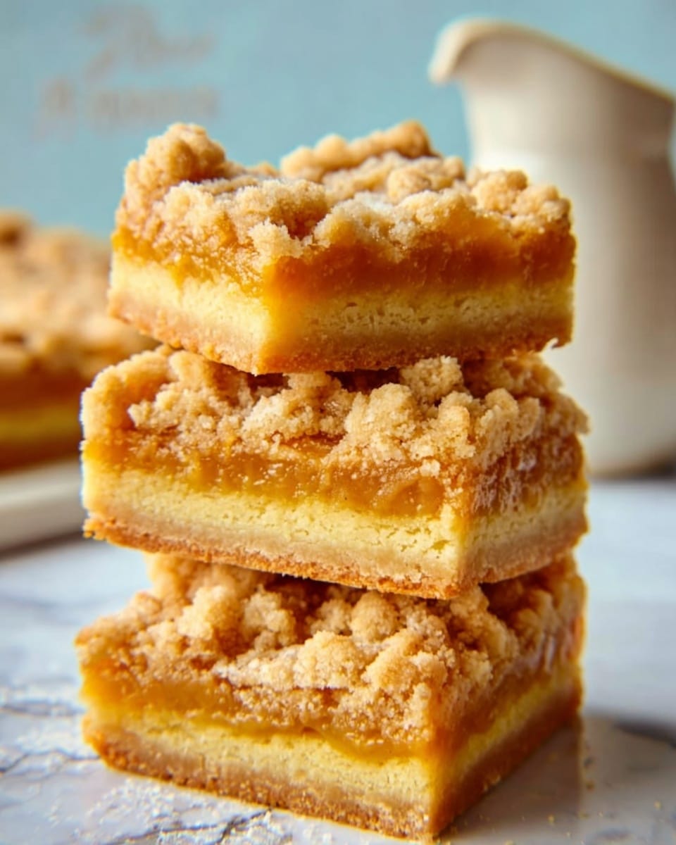 The image shows a stack of four square pieces of golden buttery bars with a crumbly top layer. Each piece has three clear layers: a slightly darker golden bottom crust, a bright yellow middle filling that looks soft and smooth, and a crunchy, crumbly layer on top. The bars are placed on a white marbled surface. In the background, there is a white container, slightly out of focus, giving a cozy kitchen feel. The lighting is warm and natural, highlighting the rich textures and colors of the bars. photo taken with an iphone --ar 4:5 --v 7