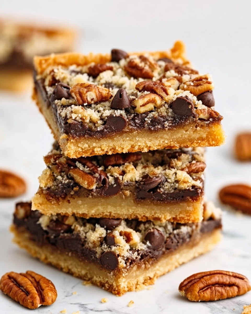 The image shows a stack of three square dessert bars on a white marbled surface with a few whole pecans nearby. Each bar has three clear layers: a light golden brown crust at the bottom, a middle layer with a mix of melted caramel and chopped pecans, and a top layer covered with plenty of dark chocolate chips scattered unevenly. The texture of the crust looks crumbly, the pecans are roughly chopped, and the chocolate chips add a smooth, shiny contrast on top. The bars are slightly uneven in shape, showing a homemade look. Photo taken with an iphone --ar 4:5 --v 7