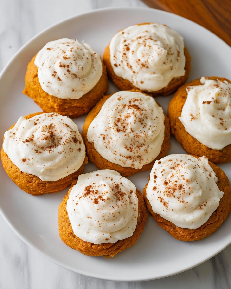 Seven soft, round pumpkin cookies are arranged on a white plate placed on a white marbled surface. Each cookie has two layers: a thick, slightly rough textured orange pumpkin base, topped with a generous swirl of smooth, creamy white frosting sprinkled unevenly with brown cinnamon powder. The cookies are close to one another, showing their homemade, slightly uneven shapes. photo taken with an iphone --ar 4:5 --v 7