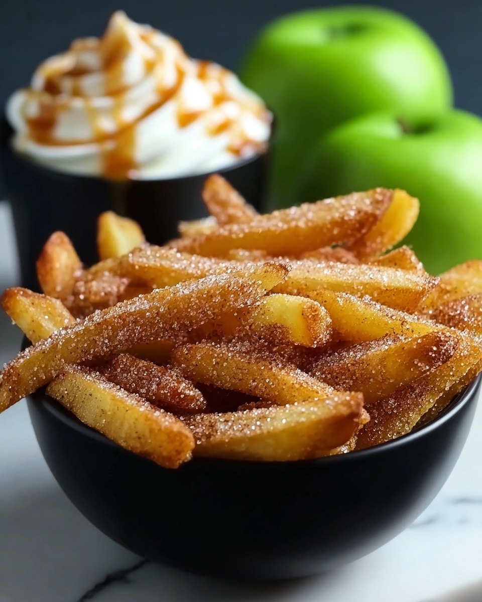 A close-up of a black bowl full of golden brown fries sprinkled with a mix of sugar and cinnamon powder, giving the fries a textured and slightly grainy appearance. Behind the bowl, there is a blurred black cup filled with white cream topped with caramel drizzle, and two green apples, all set on a white marbled surface. photo taken with an iphone --ar 4:5 --v 7