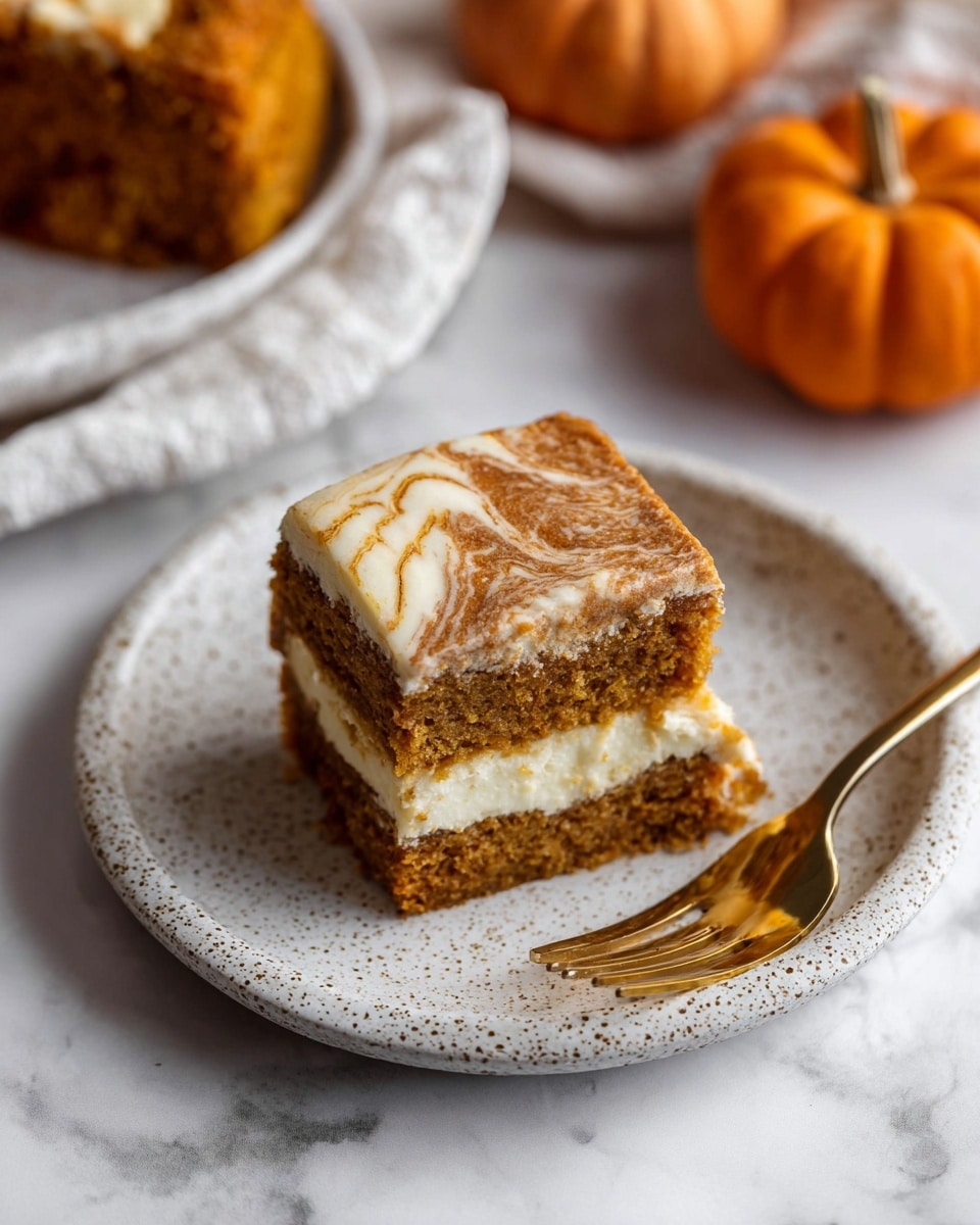 A square piece of layered pumpkin cake sits on a white speckled plate with a textured rim, placed on a white marbled surface. The cake has two layers of moist, light brown pumpkin cake with visible crumb texture, separated by a creamy white filling. The top layer has a swirled pattern with darker brown and cream colors. A golden fork holds a bite-sized chunk of the cake to the side. In the background, two small orange pumpkins add a seasonal touch. Photo taken with an iphone --ar 4:5 --v 7