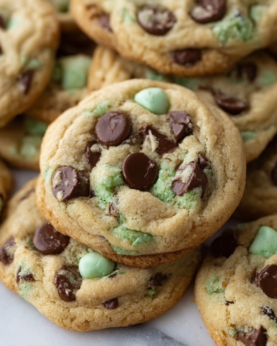 The image shows a close-up of several soft cookies filled with dark brown chocolate chips and light green mint chocolate chips scattered on top. Each cookie is golden brown with a slightly cracked texture, showing the melted chocolate inside. The cookies are stacked and placed directly on a white marbled surface. The colors of the cookies are warm and inviting, with the dark and mint chocolate chips adding a contrast to the golden dough. The focus is sharp on the cookie in the center, highlighting its chewy texture and the chips embedded in the dough. photo taken with an iphone --ar 4:5 --v 7