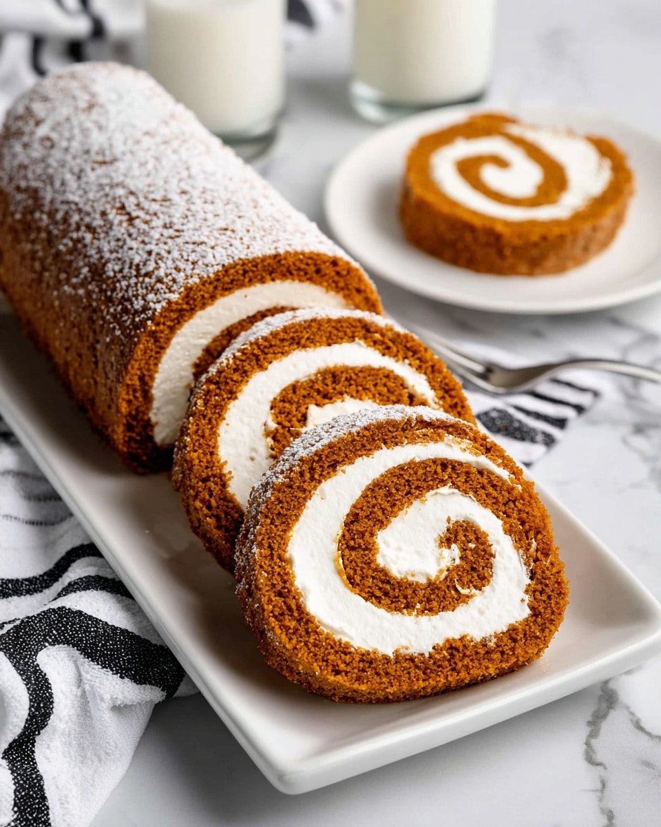 The image shows a rolled pumpkin cake with cream filling, sliced into several pieces and arranged on a long white plate. The outer cake layer is a rich brown-orange color with a soft, spongy texture, while the inside reveals a smooth, white cream layer spiraled evenly throughout. The cake is dusted with powdered sugar on top. In the background, there is one slice of the roll on a small white plate and a glass of milk partly visible, all sitting on a white marbled surface. A white cloth with black stripes is placed next to the plate, and the setting looks bright and clean. Photo taken with an iphone --ar 4:5 --v 7