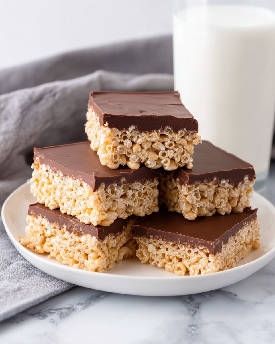 The image shows five square bars stacked on a white plate with a white marbled background. Each bar has two layers: the bottom layer is light tan with a crunchy, puffed rice texture, and the top layer is smooth, dark brown chocolate spread evenly. Behind the plate, there is a glass of milk and a gray cloth. The bars are cut cleanly with straight edges, and the chocolate layer has a shiny finish. photo taken with an iphone --ar 4:5 --v 7