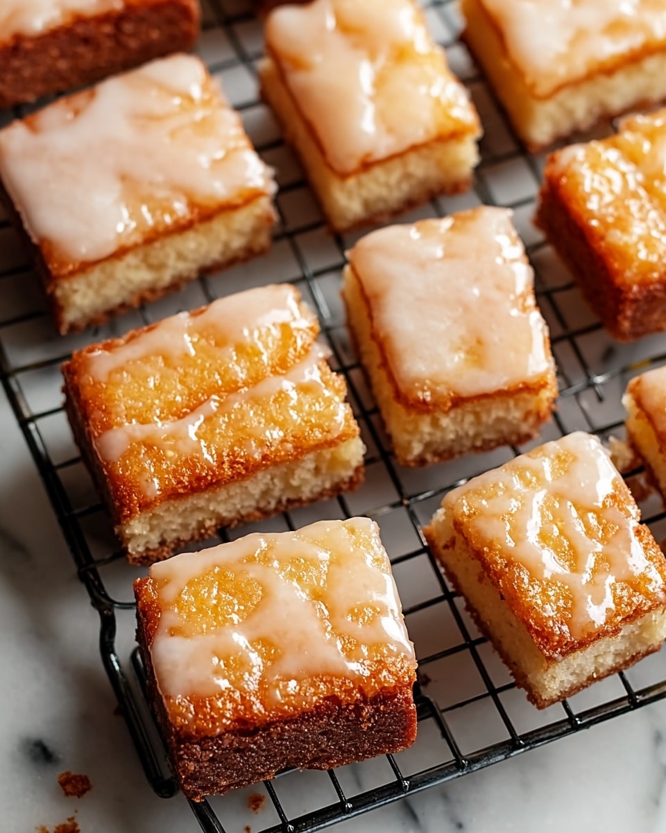The image shows twelve small square cake pieces arranged on a dark metal cooling rack placed over a white marbled surface. Each cake piece has two visible layers: the bottom layer is light brown with a slightly crumbly texture, and the top layer is golden with a moist, spongy texture. A thin, glossy white icing is spread unevenly over the top of each piece, giving a shiny and smooth appearance. Some icing areas are thicker than others, slightly dripping over the edges. Small crumbs are scattered on the cooling rack around the cakes. photo taken with an iphone --ar 4:5 --v 7