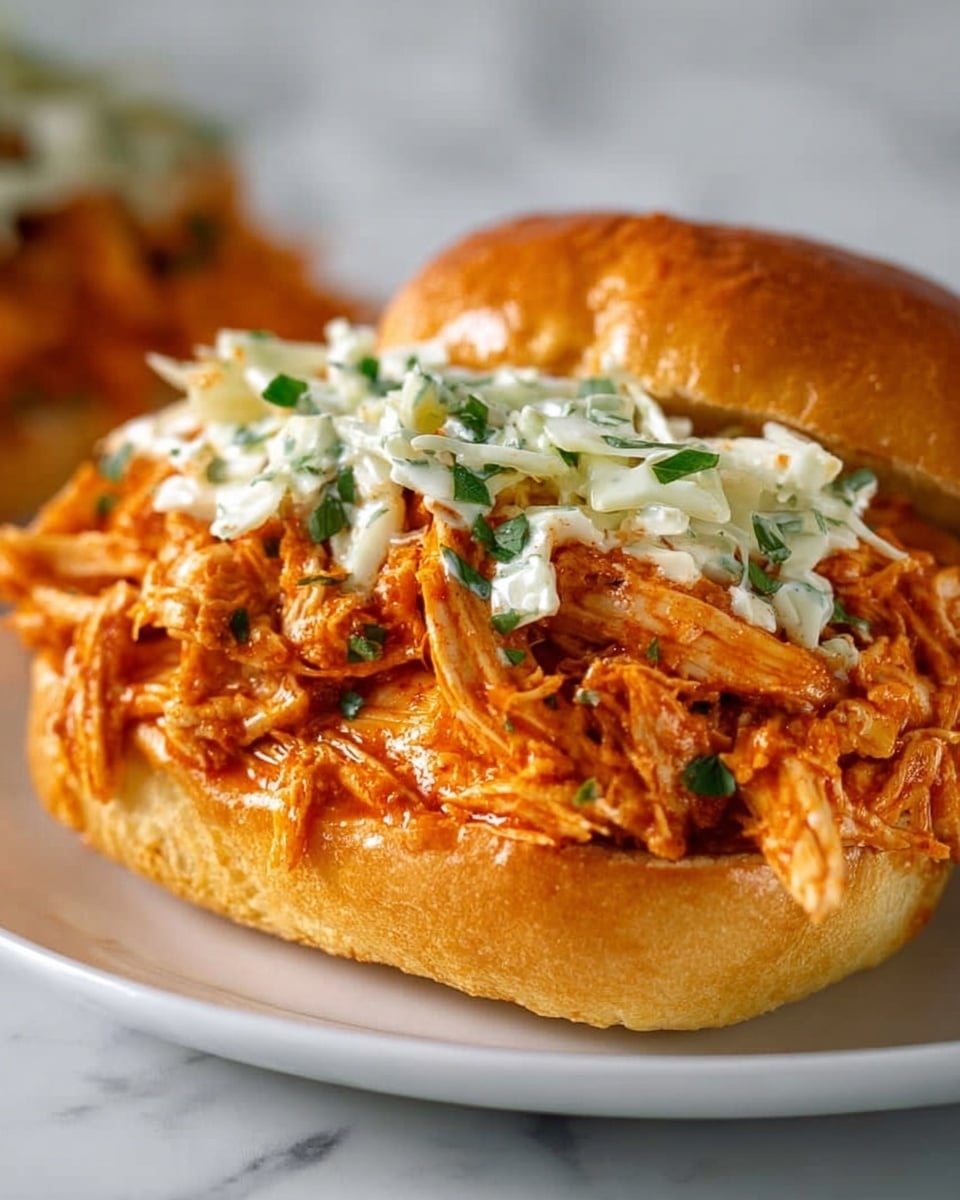 The image shows a close-up of a sandwich with two main layers. The bottom layer is a soft, slightly toasted bun with a light golden brown color and a smooth texture. On top is a thick layer of shredded chicken coated in a rich, orange-red sauce that looks moist and tender. Scattered on the chicken layer are small bits of green herbs, adding a fresh touch. Finishing the sandwich is a light topping of finely shredded white cabbage mixed with a creamy dressing, placed neatly in the center. The sandwich rests on a white plate set against a white marbled surface. photo taken with an iphone --ar 4:5 --v 7