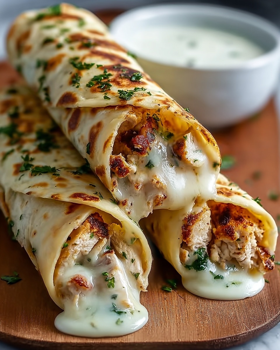 The image shows three rolled wraps placed close together on a wooden board, each wrap filled with grilled chicken pieces that are golden brown with herbs sprinkled on top. The wraps are soft and slightly browned on the outside, with melted white cheese oozing out from inside, dripping down the sides. The chicken filling is visible at the open ends of the wraps, mixed with bright green parsley or cilantro. The background features a blurred bowl of white sauce, all set on a white marbled surface. photo taken with an iphone --ar 4:5 --v 7