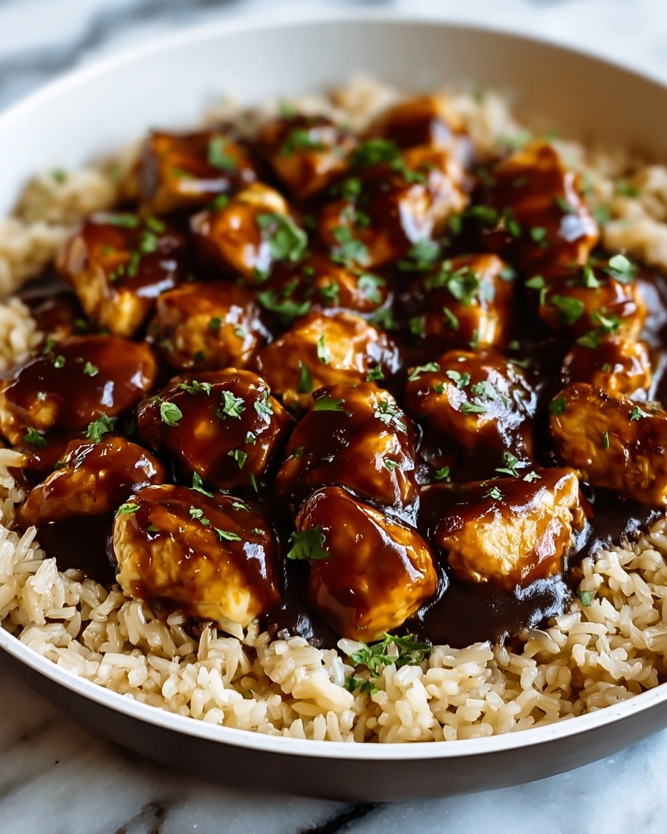A close-up of a dish with two layers: the bottom layer is light brown cooked rice with a slightly fluffy texture, and the top layer consists of numerous golden-brown chicken pieces covered in a thick, shiny dark brown sauce. The chicken pieces are evenly spread on top of the rice and sprinkled with small green herb leaves. The food is served in a white pan with the edges visible, all placed on a white marbled textured surface. photo taken with an iphone --ar 4:5 --v 7