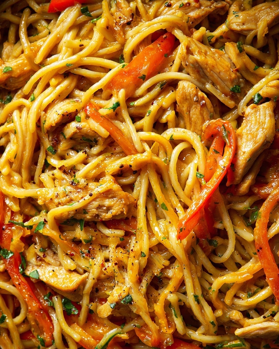 This close-up image shows a vibrant dish of stir-fried noodles mixed with strips of golden-brown chicken and thin slices of red and orange bell peppers. The noodles are glossy from a light sauce, with small flecks of green herbs scattered throughout, adding color and freshness. The chicken pieces are tender and cooked with a slight char, blending well with the long, slightly curved noodles that twist and overlap in various directions. The peppers introduce a soft yet crisp texture, contrasting the smooth noodles and juicy chicken. Tiny bits of black pepper and herbs are sprinkled on top, giving a speckled look that enhances the dish's overall appeal. Photo taken with an iphone --ar 4:5 --v 7