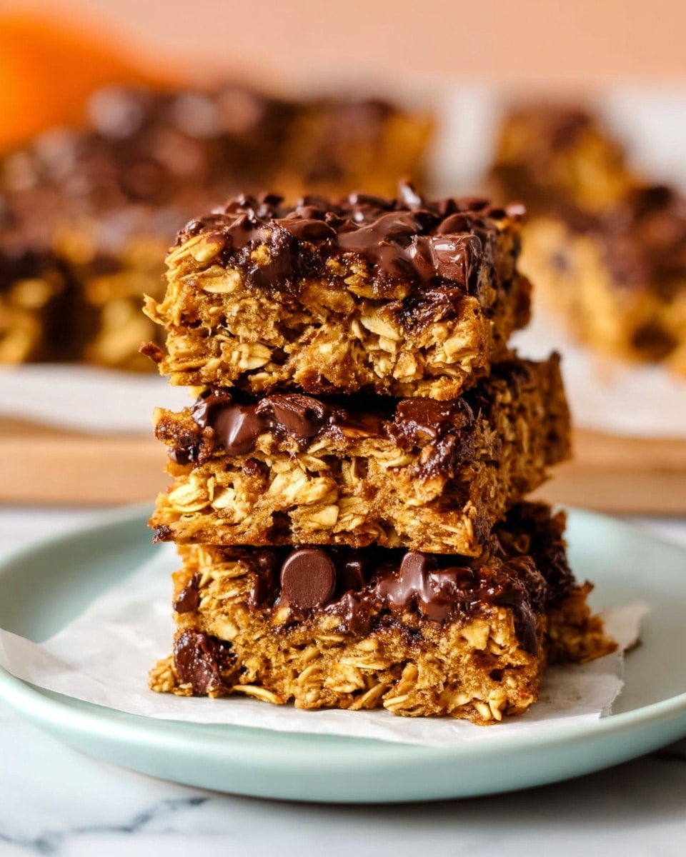 A stack of three thick, square granola bars sits on a piece of white parchment paper on top of a light blue plate. Each bar is golden brown with visible oats and dark melted chocolate chips spread throughout and on top, creating a rich, gooey texture. The granola bars have a slightly crumbly but dense look, with some oats scattered around the plate. The background shows more blurred granola bars on a tray, all against a white marbled surface. photo taken with an iphone --ar 4:5 --v 7