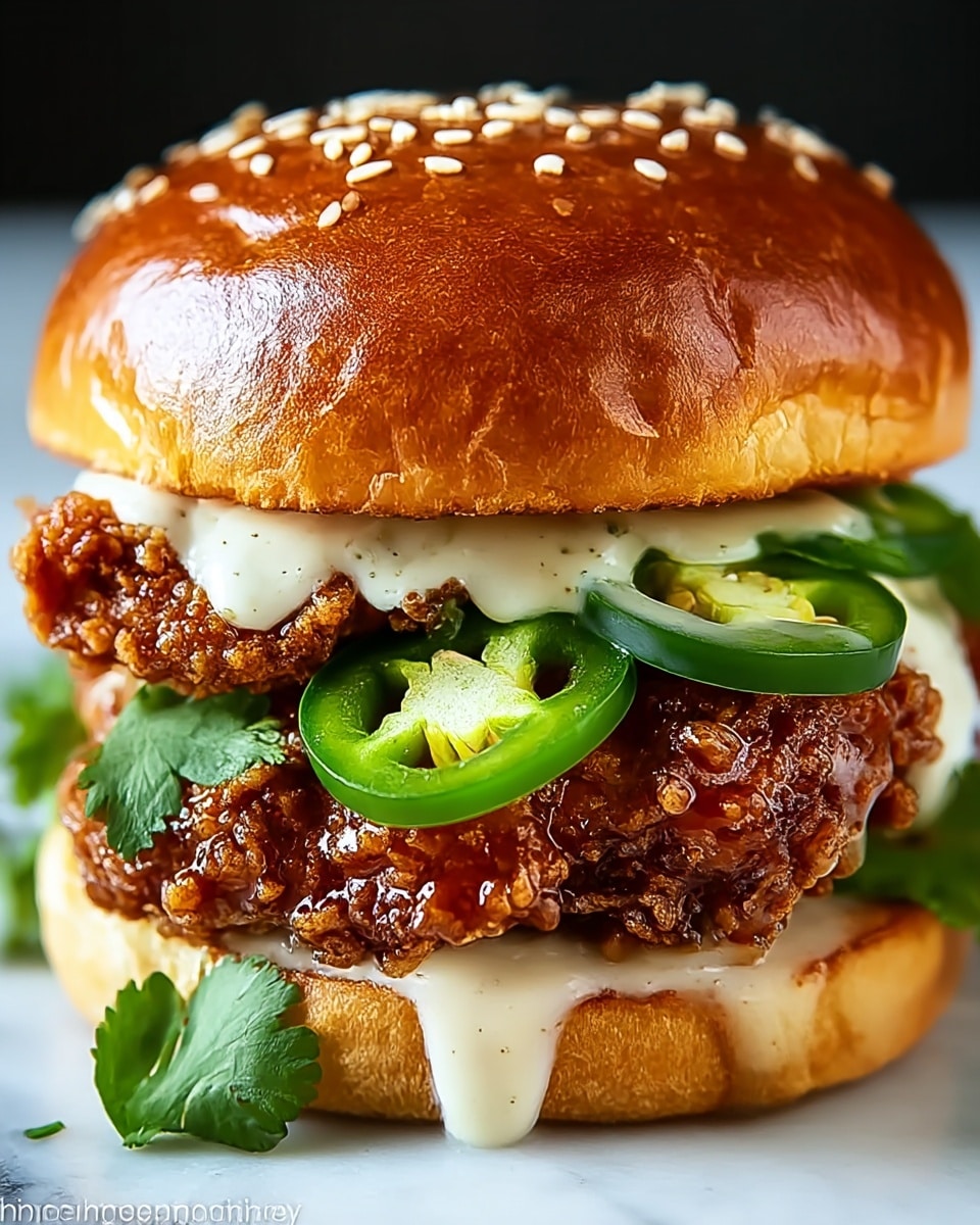 A close-up of a fried chicken sandwich with five clear layers: the top layer is a shiny, golden-brown sesame seed bun with a slightly glossy texture; beneath it is a layer of creamy, light-colored sauce with a smooth texture and visible specks, draping over bright green slices of fresh jalapeño peppers; next is the crispy fried chicken layer, showing a rough, crunchy dark golden-brown coating with some shiny spots from a sauce glaze; below the chicken is another thick layer of creamy sauce dripping down the sides, resting on a soft, slightly toasted golden-brown bun bottom with fresh green cilantro leaves peeking out; all placed on a white marbled surface. photo taken with an iphone --ar 4:5 --v 7