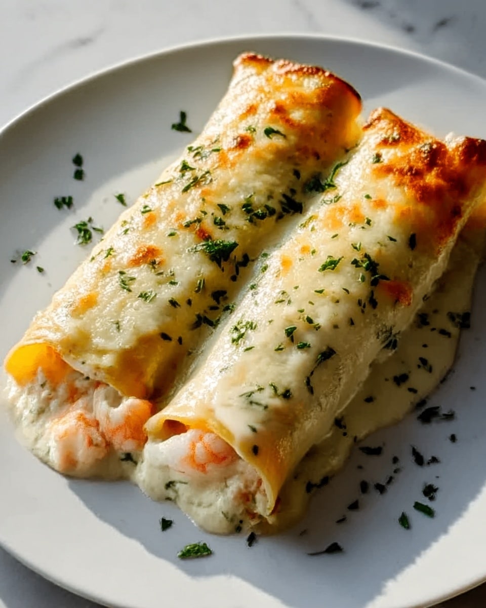 The image shows two creamy stuffed cannelloni tubes placed side by side on a white plate, set on a white marbled surface. Each tube is filled with a smooth white mixture that includes visible shrimp pieces and chopped herbs. The pasta is covered with melted golden-brown cheese that has a slightly crispy top layer. Small green herb sprinkles are scattered over the cheese and plate, adding a fresh touch. The light shines softly from one side, highlighting the creamy texture and details of the filling. photo taken with an iphone --ar 4:5 --v 7