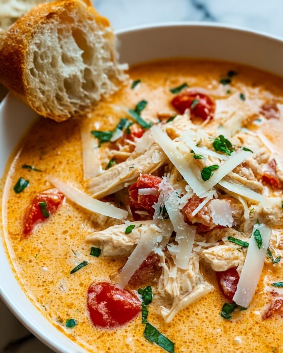 The image shows a close-up of a creamy soup in a white bowl. The soup has a thick, smooth orange base with layers of white chicken pieces on top. There are also small chunks of red tomato scattered throughout the soup. Fresh chopped green herbs are sprinkled over the dish, along with thin shavings of white cheese sitting on the surface. A piece of crusty white bread is placed on the side of the bowl. The background is a white marbled texture. Photo taken with an iphone --ar 4:5 --v 7