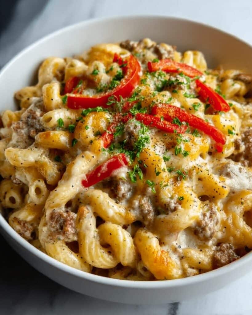 High-Protein Creamy Philly Cheesesteak Mac & Cheese Recipe