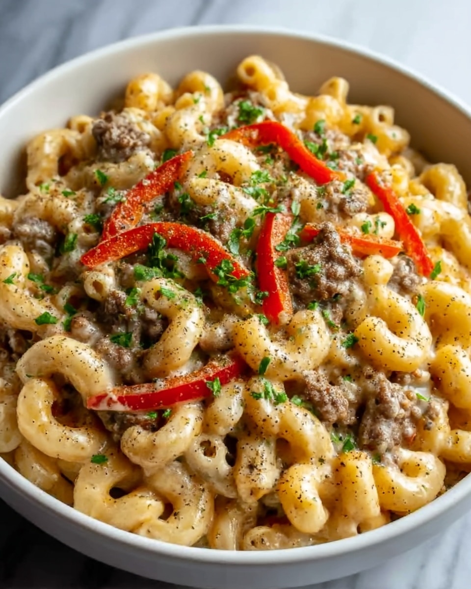 A white bowl filled with creamy pasta layered with short, curly elbow macaroni in a light golden cheese sauce. On top, there are pieces of browned ground beef mixed with thin strips of red bell pepper, all lightly sprinkled with chopped green herbs. A light dusting of black pepper is visible on the surface, adding a touch of contrast to the creamy texture. The bowl sits on a white marbled surface, showcasing the rich, warm colors of the dish. Photo taken with an iphone --ar 4:5 --v 7