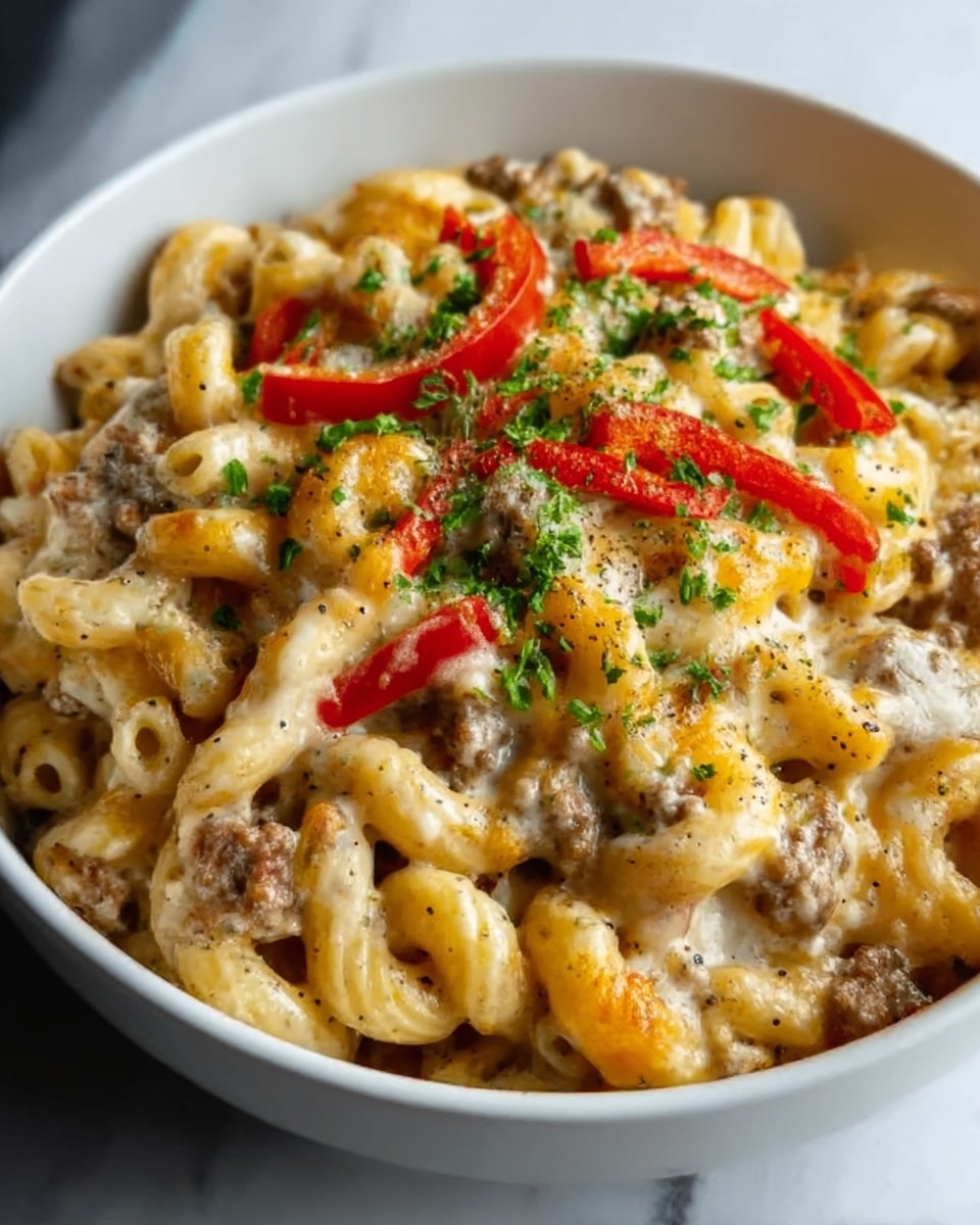 A white bowl filled with creamy macaroni pasta layered with melted cheese and small pieces of cooked ground beef mixed throughout. Bright red strips of bell pepper are scattered on top, with finely chopped green herbs sprinkled over the whole dish. The cheese has a slightly browned, bubbly texture in some areas, adding a golden touch. The pasta is tightly packed and looks soft and cheesy, with some black pepper specks for extra detail. The bowl sits on a white marbled surface. photo taken with an iphone --ar 4:5 --v 7