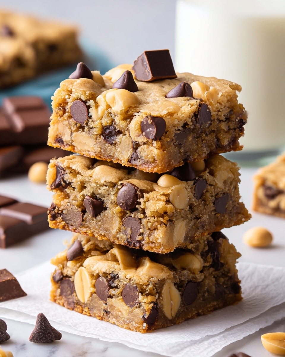 A stack of four thick, square blondie bars with a light brown, soft and chewy texture filled with dark chocolate chips and topped with whole pale yellow peanuts, arranged on a white napkin over a white marbled surface. Each bar shows a dense, moist inside with chocolate chips and peanuts embedded throughout, and chunks of dark chocolate sparsely placed on top. The background features blurred pieces of chocolate and a glass of milk. photo taken with an iphone --ar 4:5 --v 7